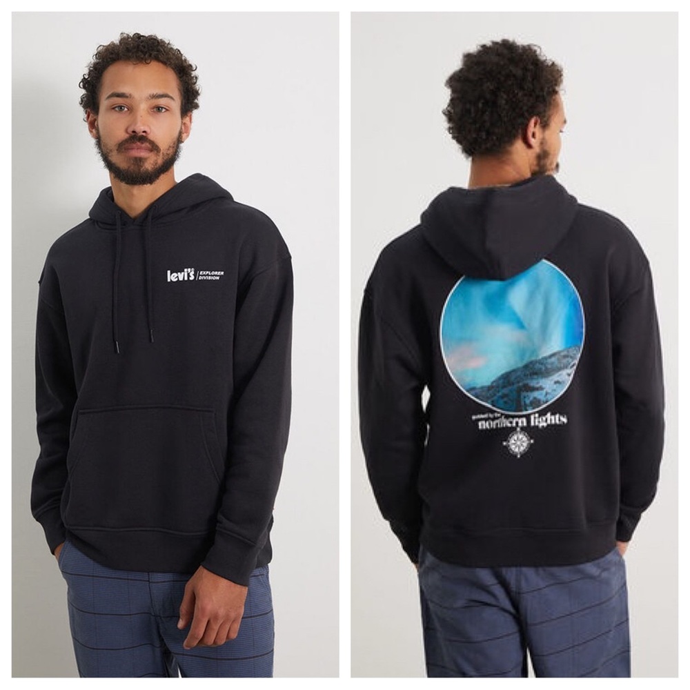 Levis Men's Relaxed Fit Northern Lights Graphic Hoodie Sweatshirt Size M Black